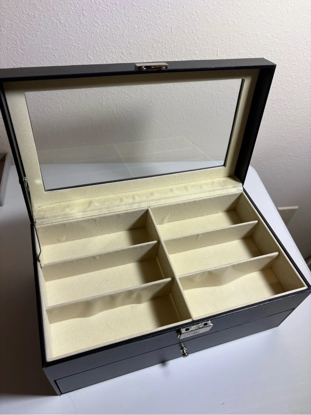 Black Jewelry Organizer Box with Glass Top and Drawer